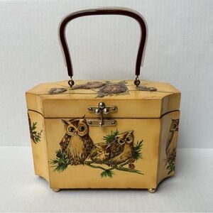 Wood Box 3D Decoupage Purse Octagon Brass Clasp Owls Vintage 60s/70s